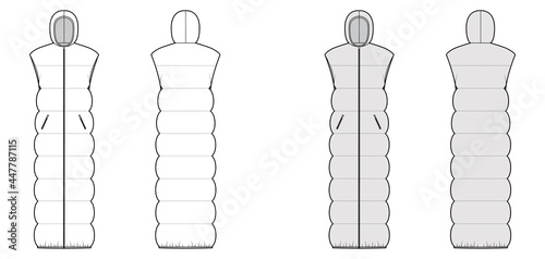Down vest puffer waistcoat technical fashion illustration with sleeveless, hoody collar, maxi length, wide quilting. Flat template front, back, white, grey color style. Women, men, unisex CAD mockup