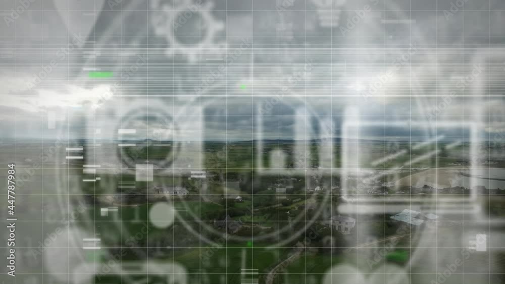 Animation of digital online icons floating over landscape Animation of digital online icons floating over landscape