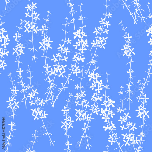 Seamless floral pattern with silhouetted blooming branches.