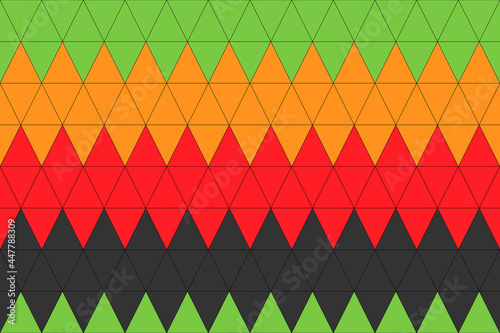 Rastafarian motif seamless pattern. Green yellow red black triangles. Vector vintage reggae background.