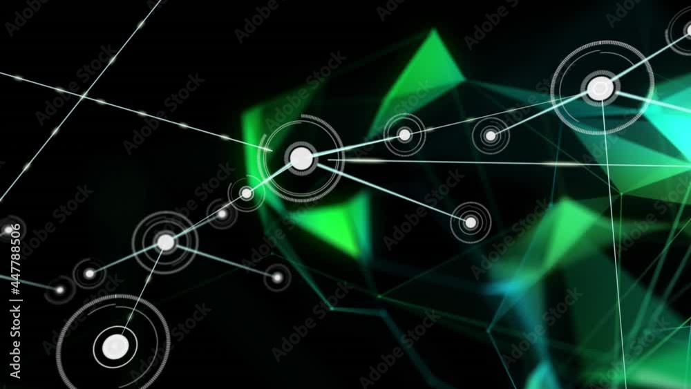 Animation of network of connections over blue and green geometrical shapes Animation of network of connections over blue and green geometrical shapes