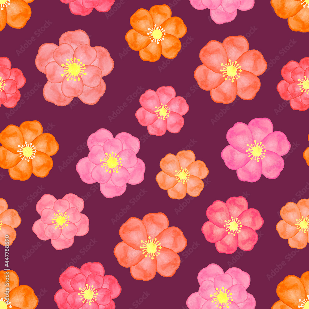 Watercolor seamless pattern with simple flowers on a burgundy background, floral pattern 