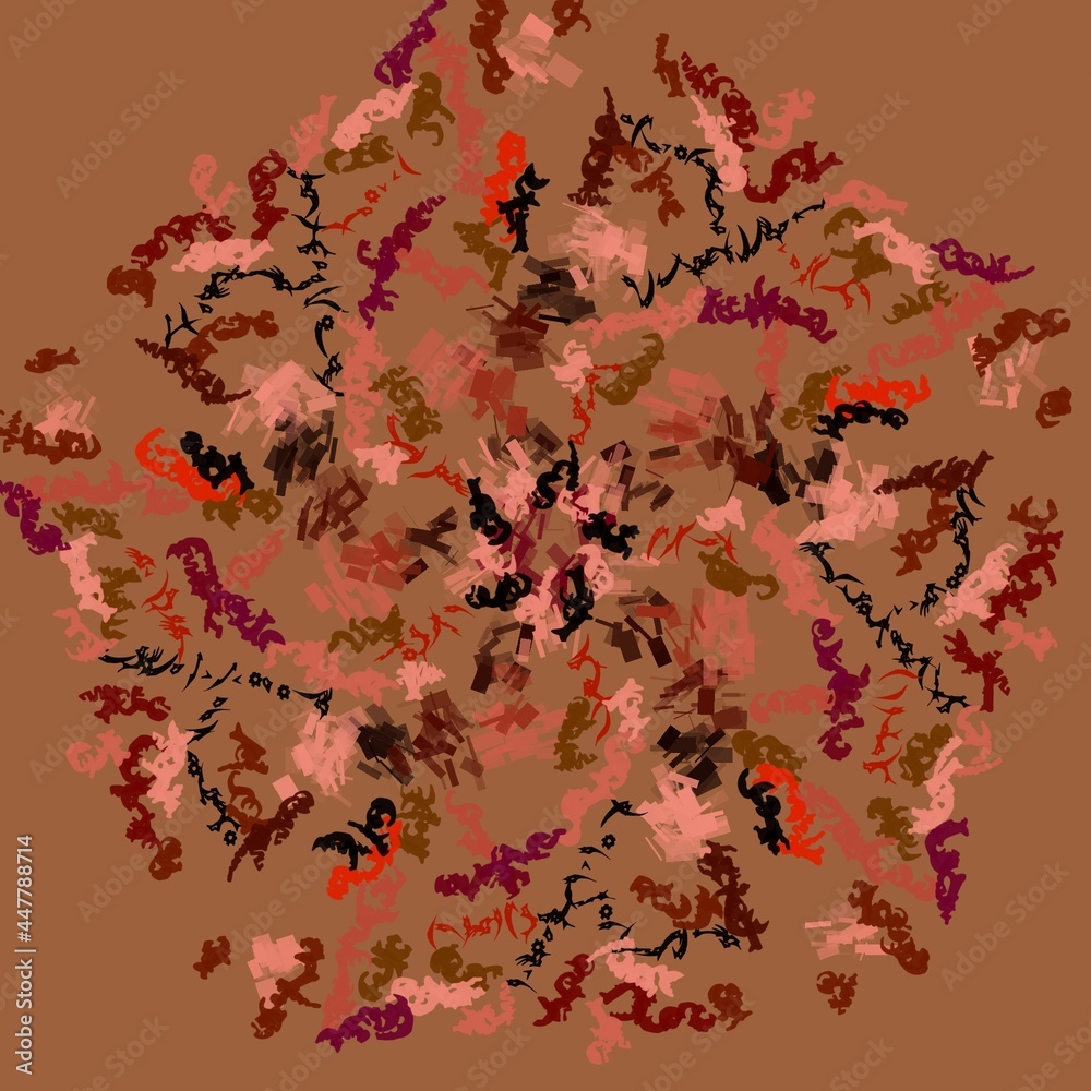 Round pattern of abstract elements in red shades on a brown background
