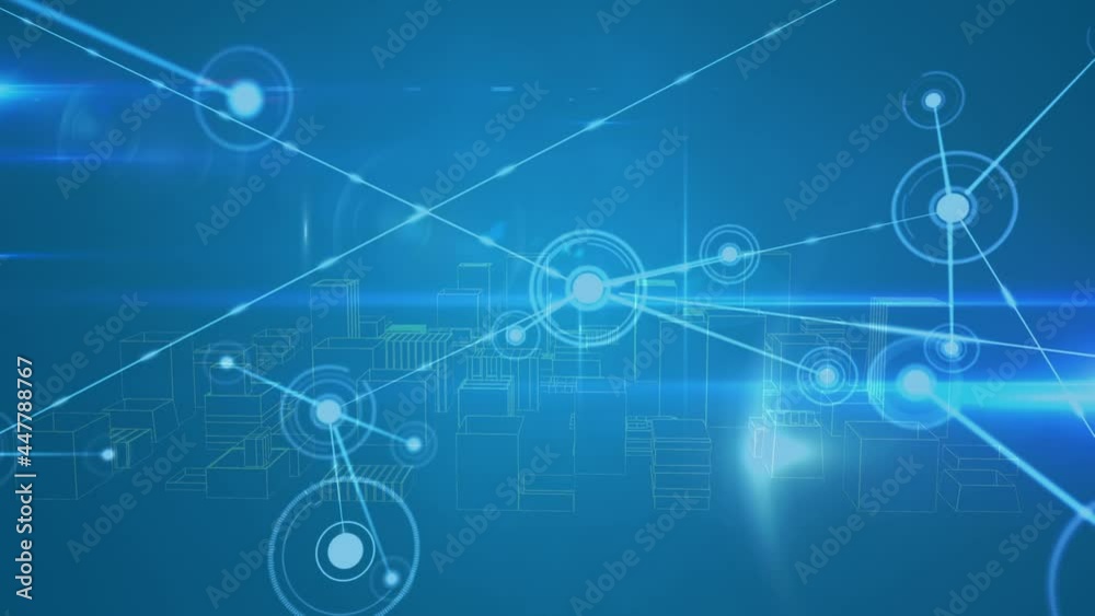 Animation of network of connections over 3d city drawing spinning Animation of network of connections over 3d city drawing spinning