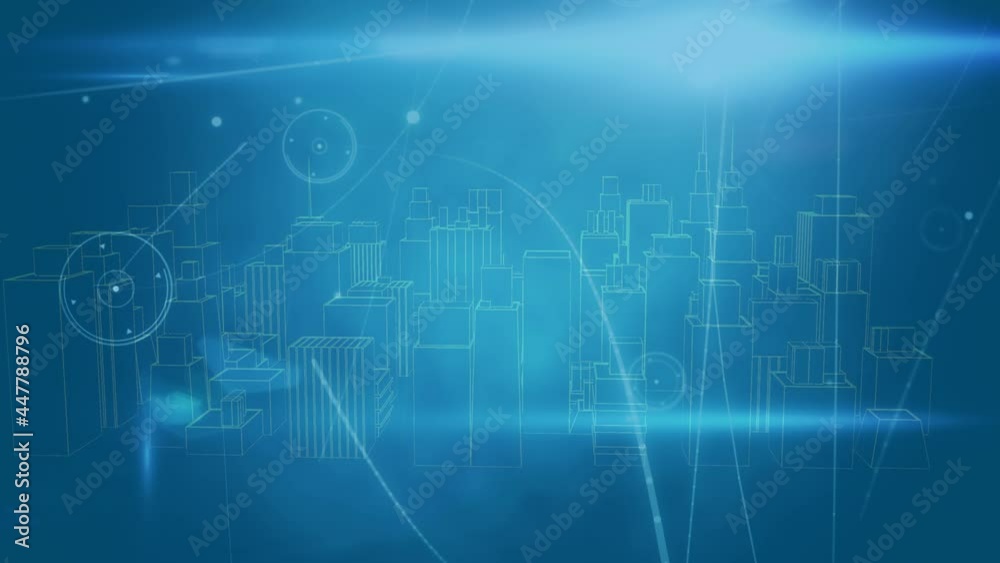 Animation of network of connections over 3d city drawing spinning Animation of network of connections over 3d city drawing spinning
