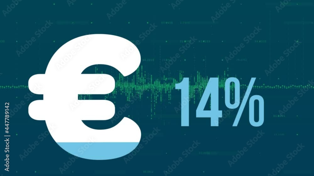 Animation of euro sign and percent filling up with blue over financial data processing Animation of euro sign and percent filling up with blue over financial data processing