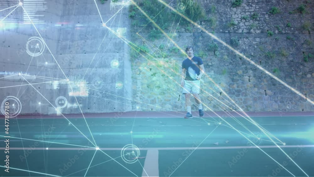 Animation of network of connections over male tennis player at tennis court Animation of network of connections over male tennis player at tennis court