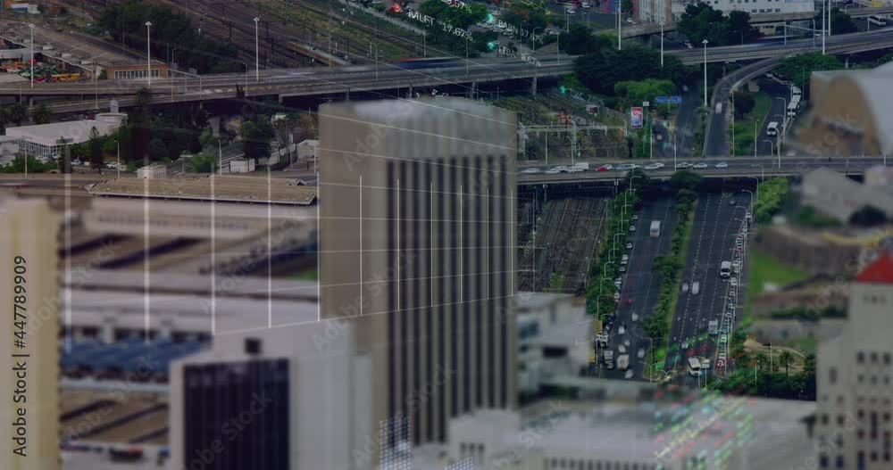 Animation of financial data processing over cityscape Animation of financial data processing over cityscape
