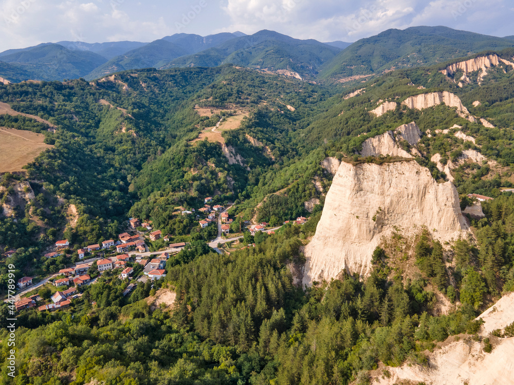 Fototapeta premium Aerial sunset view of Rozhen sand pyramids, Bulgaria