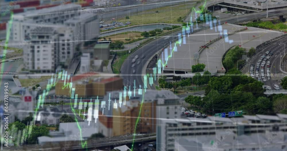 Animation of financial data processing over cityscape Animation of financial data processing over cityscape