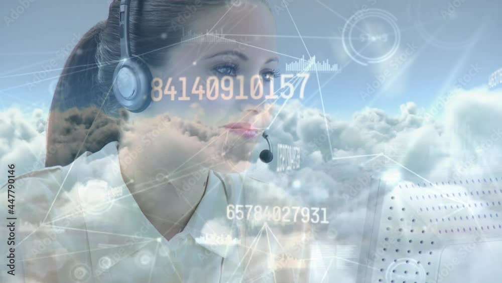 Animation of network of connections over businesswoman with headset in office Animation of network of connections over businesswoman with headset in office
