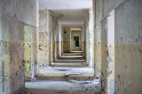 A long corridor in the abandoned place.