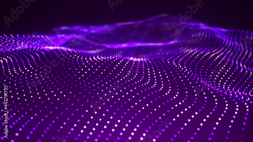 Digital technology background. Abstract dynamic wave of connected dots and lines on dark background. Wave of bright particles. Big data. 3d rendering.