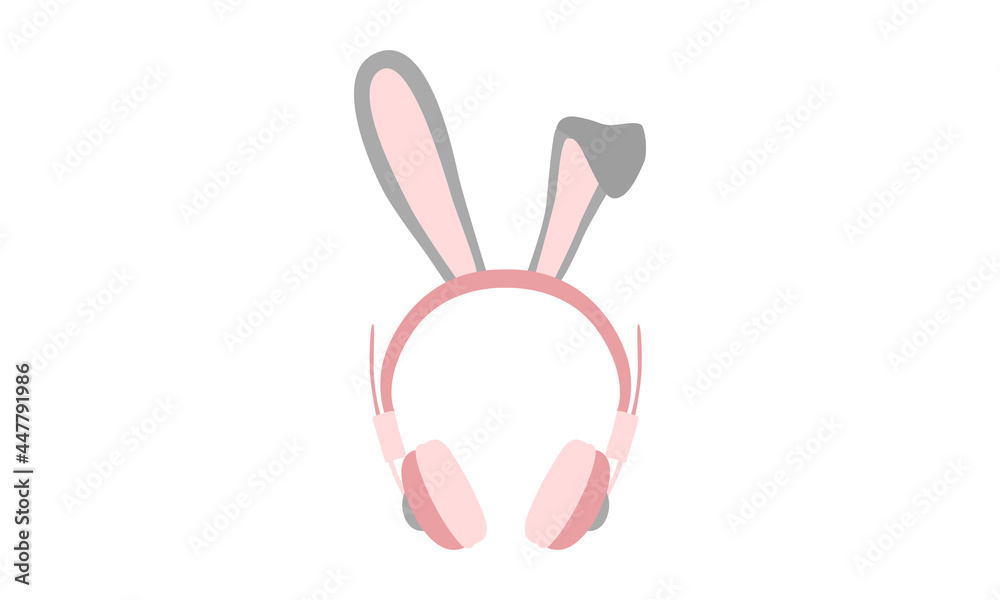 Vector of over-ear headphones or earmuffs in shades of pastel pink and gray with rabbit or bunny ears on top. This cute headset is isolated against a white background.