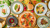 Italian meat pizza, salmon steak with avocado, spaghetti with shrimps and mussels, burger with meat,  pork reabs bbq, borsht, bread, spaghetti with salmon top view on wooden table