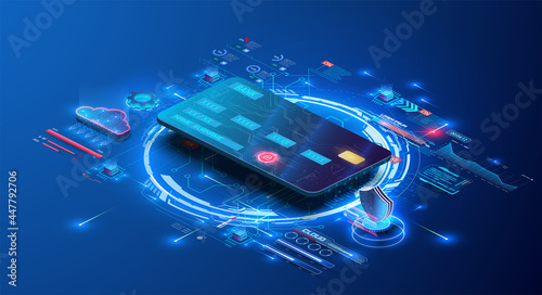 A futuristic glowing credit card isolated on a dark blue background with various graphs and data. Online payment. It can be used for a web banner. Secure payments, payment protection concepts. Vector photo