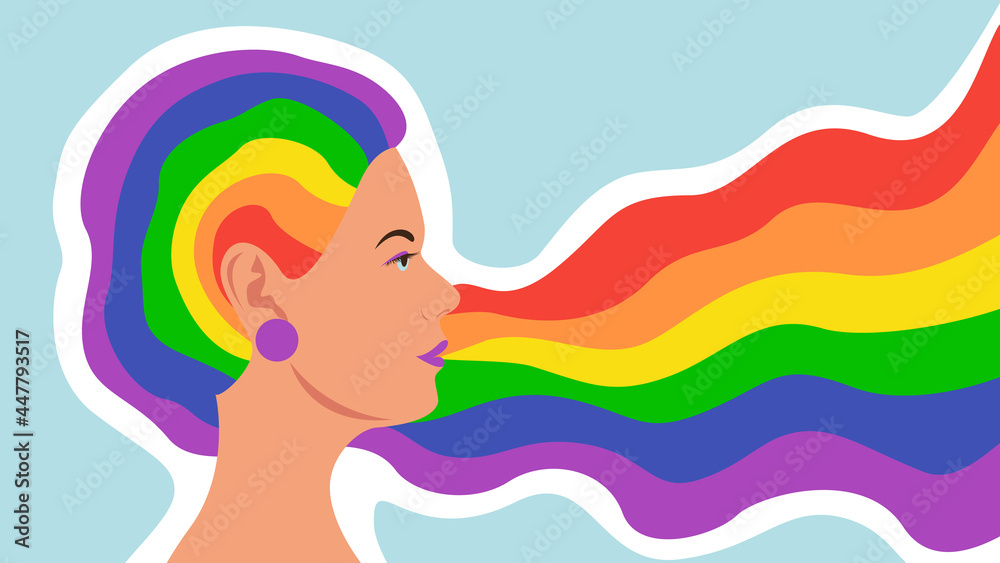 Woman with rainbow hair color, symbol of LGBT pride. Banner design in flat style. Vector stock illustration. 