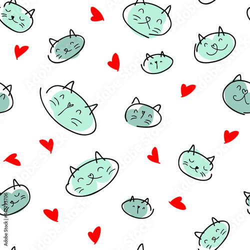 Romantic valentine seamless pattern of cat muzzles and red hearts. Perfect for T-shirt, textile and prints. Doodle style vector illustration for decor and design.
