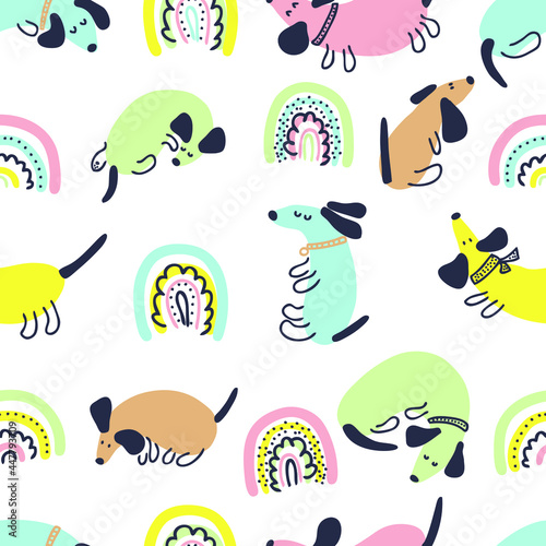 Multicolor summer seamless pattern of dachshunds and rainbows. Perfect for scrapbooking, greeting card, poster, textile and prints. Doodle vector illustration for decor and design. 