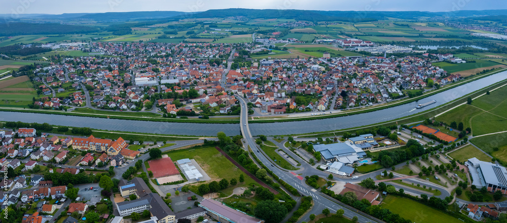 Aerial view around the city Hirschaid in Germany, on a sunny day in spring.