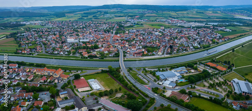 Aerial view around the city Hirschaid in Germany, on a sunny day in spring.
