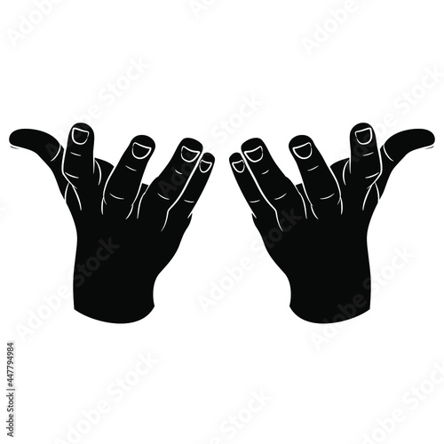 Two raised up human empty hands with open fingers in releasing gesture. Black and white negative silhouette. Front view. Cartoon style.