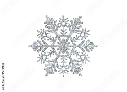 silver snowflake toy with sparkles isolated on white background