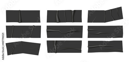 Realistic wrinkled black adhesive tape. Vector scotch pieces.