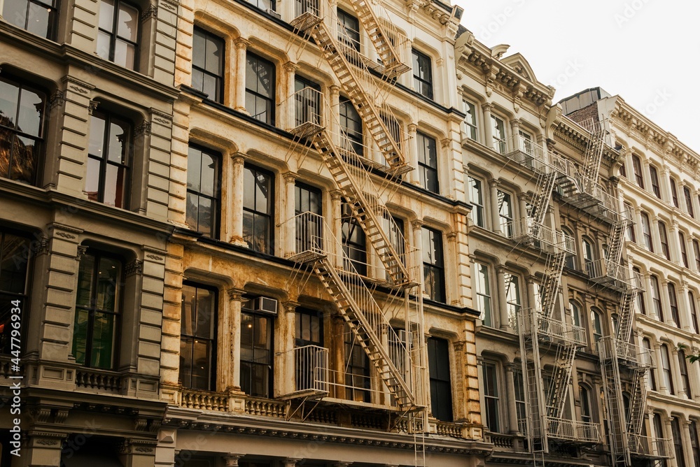 Architectural details and fire escapes in Soho, Manhattan, New York City