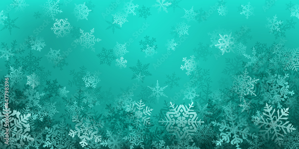 Background of complex Christmas snowflakes in turquoise colors. Winter illustration with falling snow