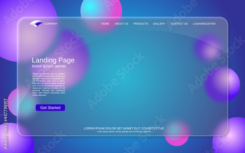 Website landing page vector template. Abstract colorful background for webpage and application with glassmorphism effect
