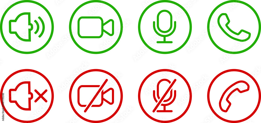 Speaker, Mic and Video Camera active and disabled related icons. Basic color icons for Video Conference, Webinar and Video chat. Speaker, Mic and Video Camera active and disabled related icons. Basic color icons for Video Conference, Webinar and Video chat.