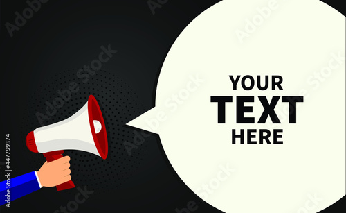 Your text here - advertising sign with a megaphone. Retro megaphone on black background. Human hand holding a rupor with space for text. Speaker. Vector illustration, EPS 10 photo
