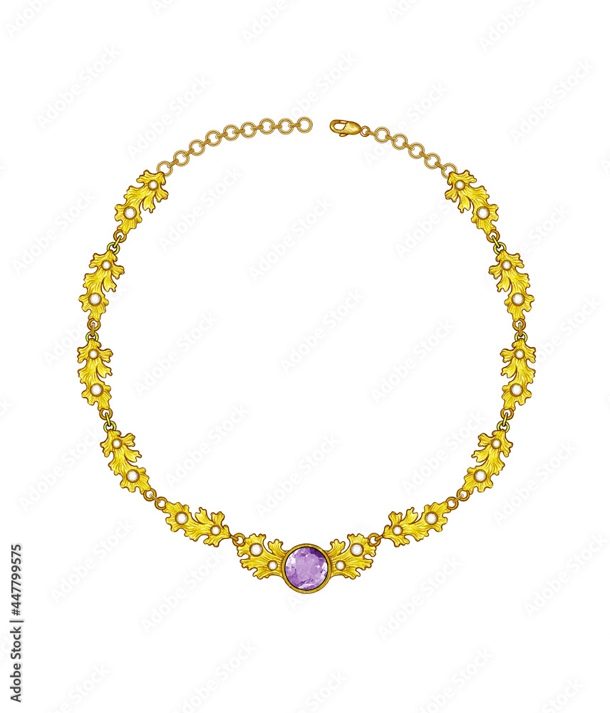Jewelry design nature leaf set with amethyst gold necklace. Hand drawing and painting on paper. Jewelry design nature leaf set with amethyst gold necklace. Hand drawing and painting on paper.