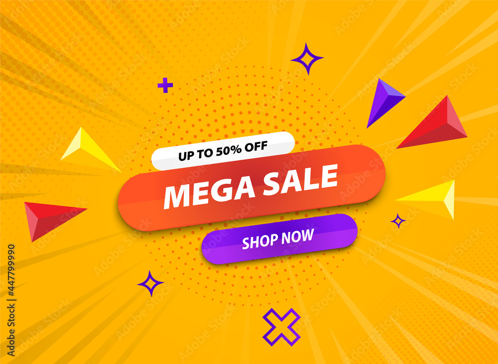 Special offer mega sale banner up to 50 percent background template. Vector illustration.