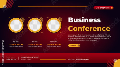 Business conference banner template for website with three circle frame and red gradient geometric background