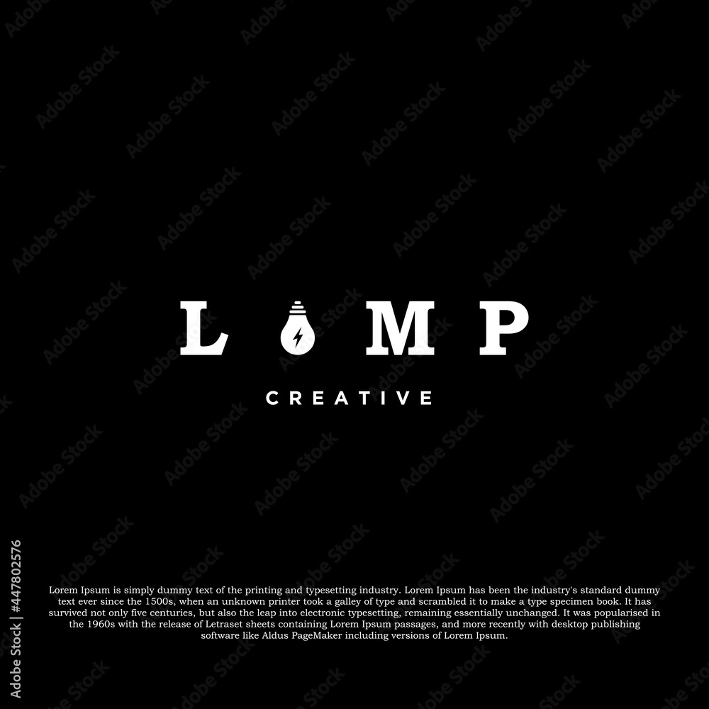 Lamp creative logo design isolated on black background. Lamp logotype power electric vector illustration