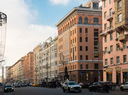 One of the main radial streets of Moscow Tverskaya street on a sunny winter day, Russia © JackF
