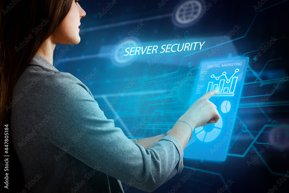 Business, Technology, Internet and network concept. Young businessman working on a virtual screen of the future and sees the inscription: Server security Business, Technology, Internet and network concept. Young businessman working on a virtual screen of the future and sees the inscription: Server security