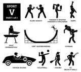 Sport games alphabet V vector icons pictogram. Vajra-mushti, varzesh-e Bastani, varpa, vault gymnastic, vert skateboarding, vovinam, vintage racing, volleyball, vigoro, and vx rock-it-ball.