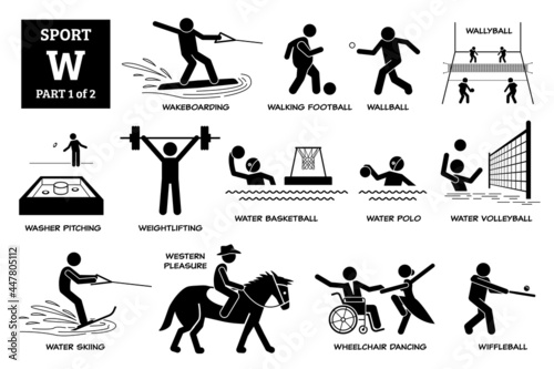 Sport games alphabet W vector icons pictogram. Wakeboarding, walking football, wallyball, washer pitching, water basketball, polo, volleyball, skiing, western pleasure, wheelchair dance, wiffleball.