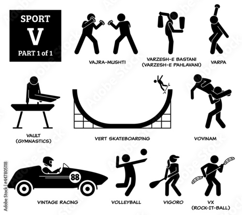 Sport games alphabet V vector icons pictogram. Vajra-mushti, varzesh-e Bastani, varpa, vault gymnastic, vert skateboarding, vovinam, vintage racing, volleyball, vigoro, and vx rock-it-ball.