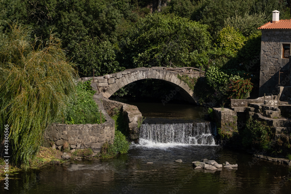 Old medieval stone bridge with waterfall and willow tree in rural Portugal. Close up.