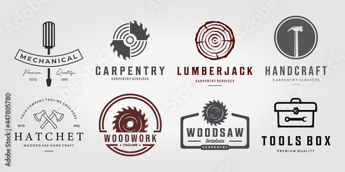 Set Bundle Collection Carpentry Vector Logo, Pack Design Illustration Carpenter Vintage Line Art, Hammer Saw Wooden Concept