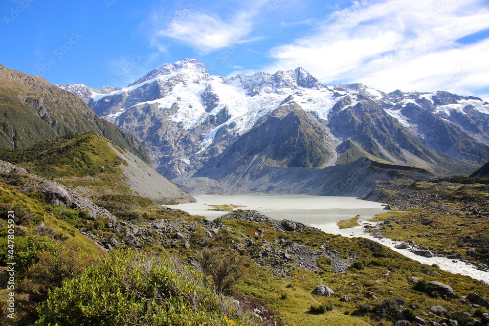 View of Aoraki Mount Cook National Park from Hooker Valley Track, South Island of New Zealand