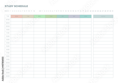 Note, scheduler, diary, calendar planner document template illustration. Study schedule form.