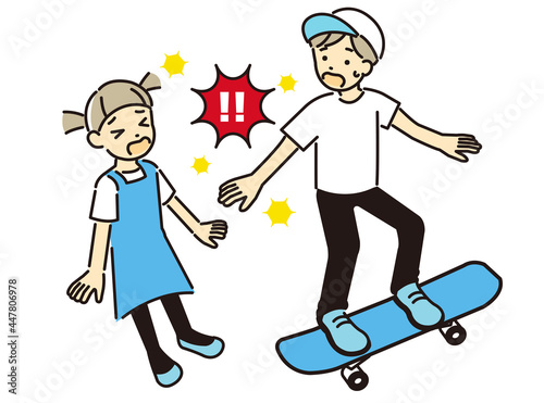 スケートボードで接触事故を起こした子供のベクターイラスト素材／選手／スケボー