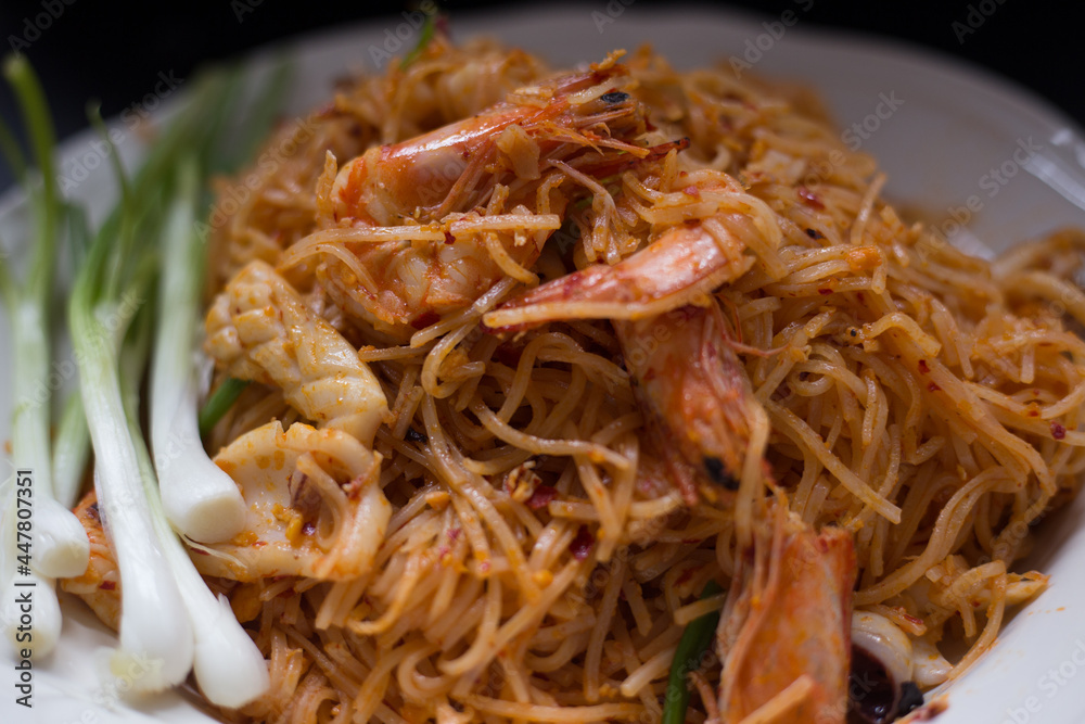 Food background, menu (spicy stir-fried shrimp) appetizing colors with steamed rice, delicious taste Food background, menu (spicy stir-fried shrimp) appetizing colors with steamed rice, delicious taste