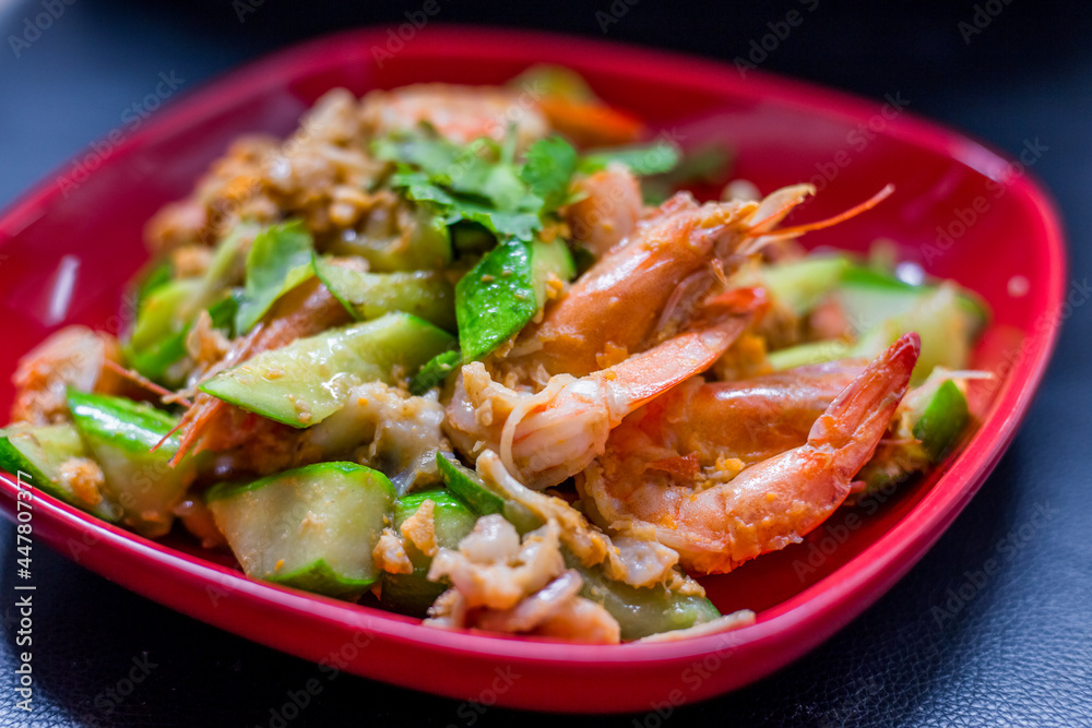 Food background, menu (spicy stir-fried shrimp) appetizing colors with steamed rice, delicious taste Food background, menu (spicy stir-fried shrimp) appetizing colors with steamed rice, delicious taste