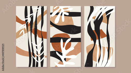 Mid century modern triptych wall art vector. Abstract art background with floral leaves and flower line drawing  and watercolor organic shapes hand paint design for wall decor, poster and wallpaper.